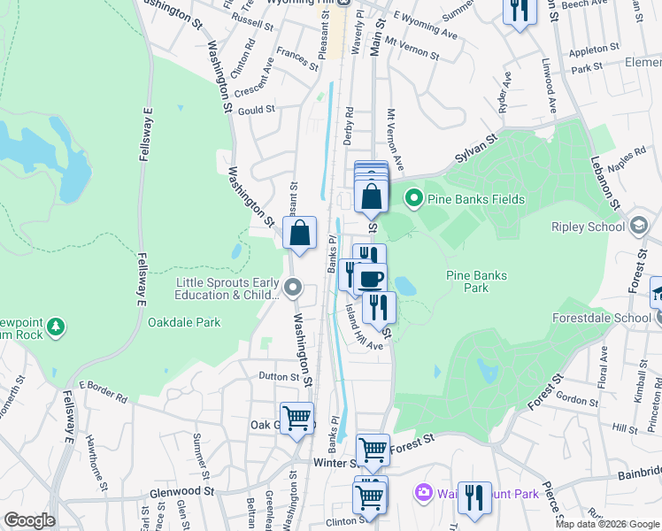 map of restaurants, bars, coffee shops, grocery stores, and more near Banks Place in Melrose
