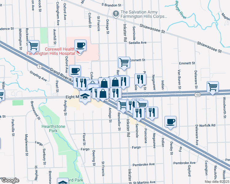 map of restaurants, bars, coffee shops, grocery stores, and more near 20718 Ontaga Street in Farmington Hills