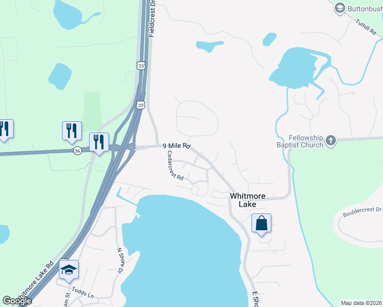 map of restaurants, bars, coffee shops, grocery stores, and more near 10290 9 Mile Road in Whitmore Lake