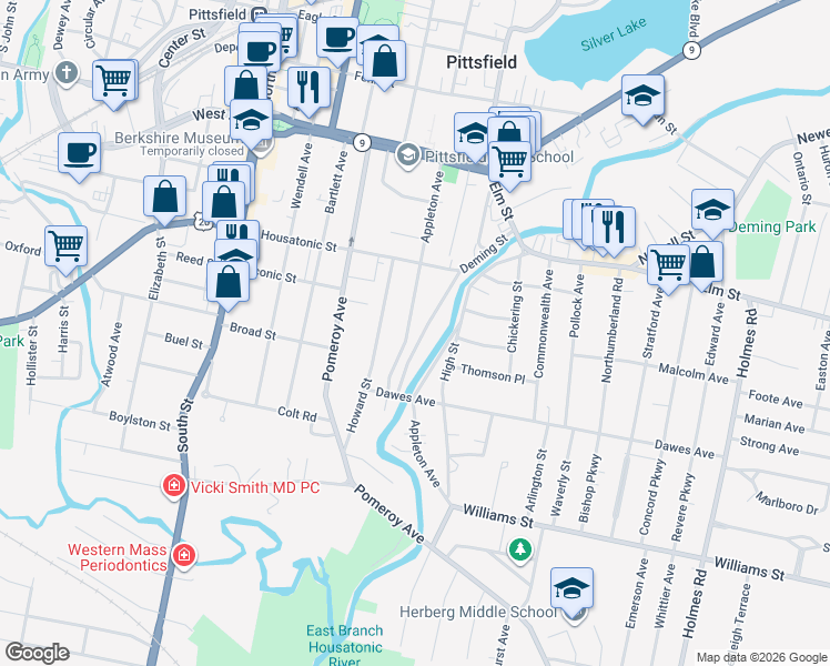 map of restaurants, bars, coffee shops, grocery stores, and more near 135 Appleton Avenue in Pittsfield