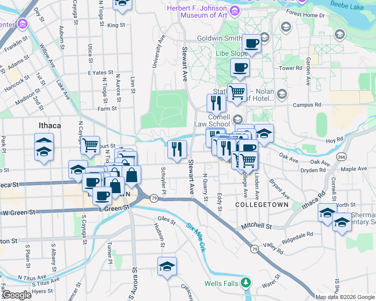 map of restaurants, bars, coffee shops, grocery stores, and more near in Ithaca