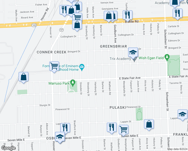 map of restaurants, bars, coffee shops, grocery stores, and more near 19919 Hamburg Ave in Detroit