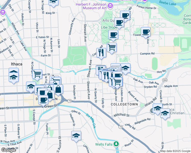 map of restaurants, bars, coffee shops, grocery stores, and more near 422 Eddy Street in Ithaca