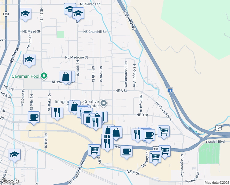 map of restaurants, bars, coffee shops, grocery stores, and more near 1405 Northeast A Street in Grants Pass