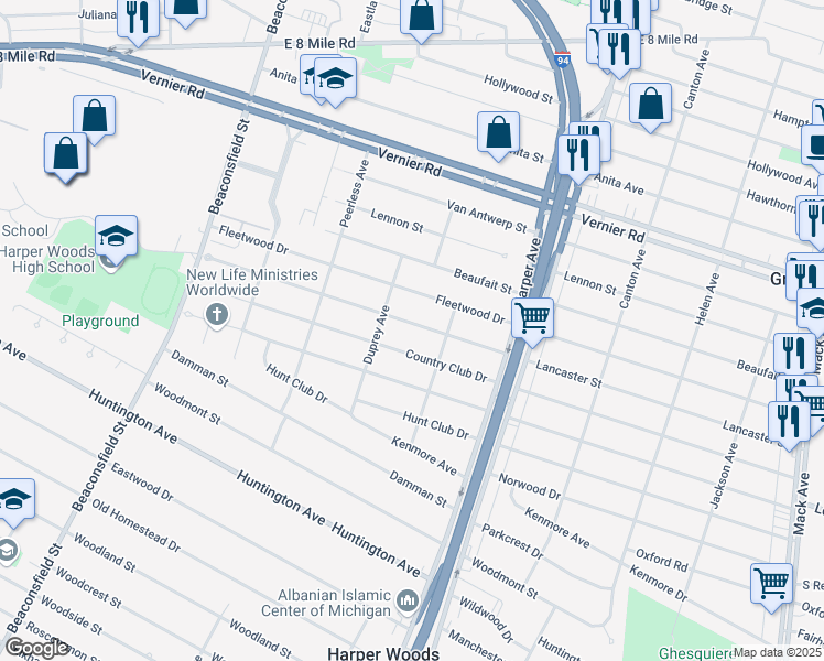 map of restaurants, bars, coffee shops, grocery stores, and more near 20450 Lancaster Street in Harper Woods
