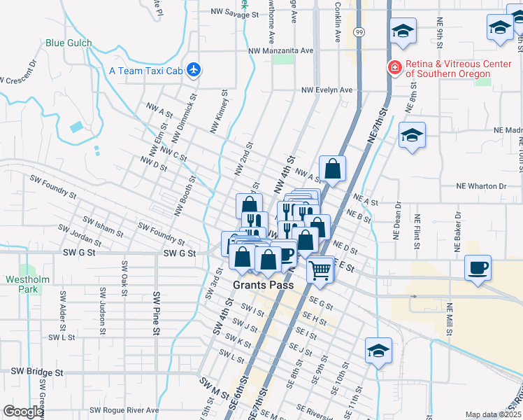 map of restaurants, bars, coffee shops, grocery stores, and more near 306 Northwest D Street in Grants Pass
