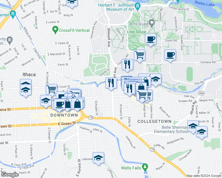 map of restaurants, bars, coffee shops, grocery stores, and more near 406 Stewart Avenue in Ithaca