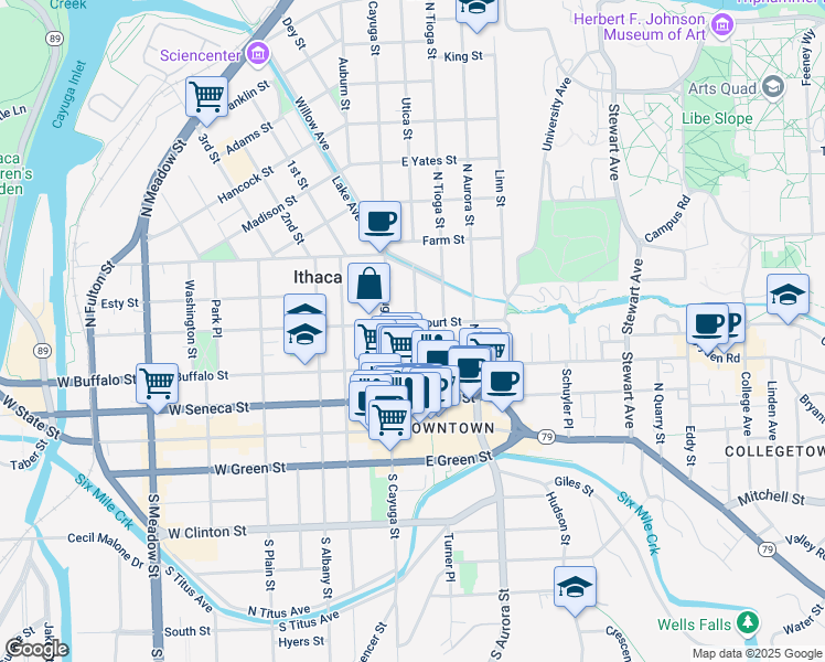 map of restaurants, bars, coffee shops, grocery stores, and more near 121 East Court Street in Ithaca