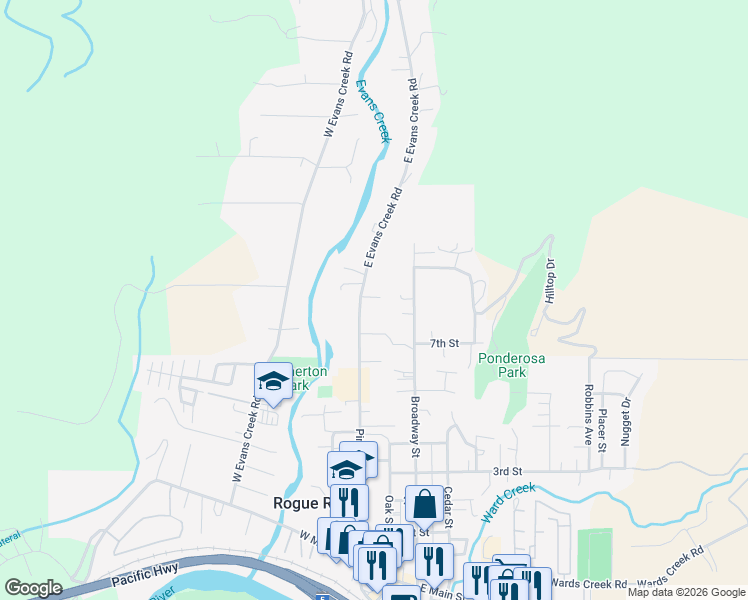 map of restaurants, bars, coffee shops, grocery stores, and more near 824 Pine Street in Rogue River