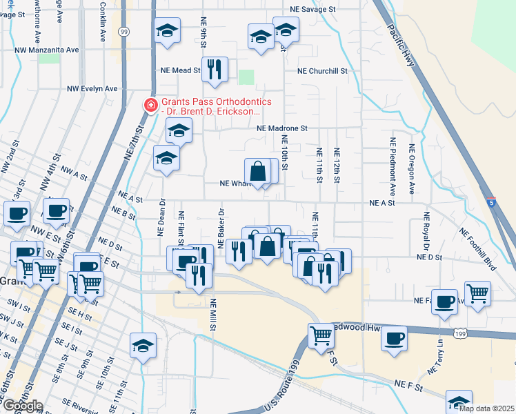 map of restaurants, bars, coffee shops, grocery stores, and more near in Grants Pass