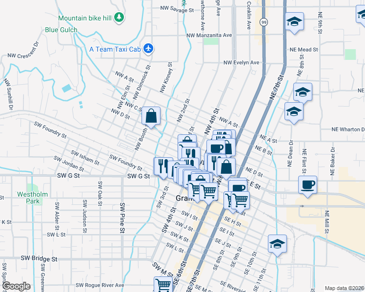 map of restaurants, bars, coffee shops, grocery stores, and more near 409 Northwest D Street in Grants Pass