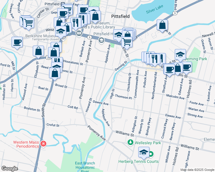 map of restaurants, bars, coffee shops, grocery stores, and more near 135 Appleton Avenue in Pittsfield