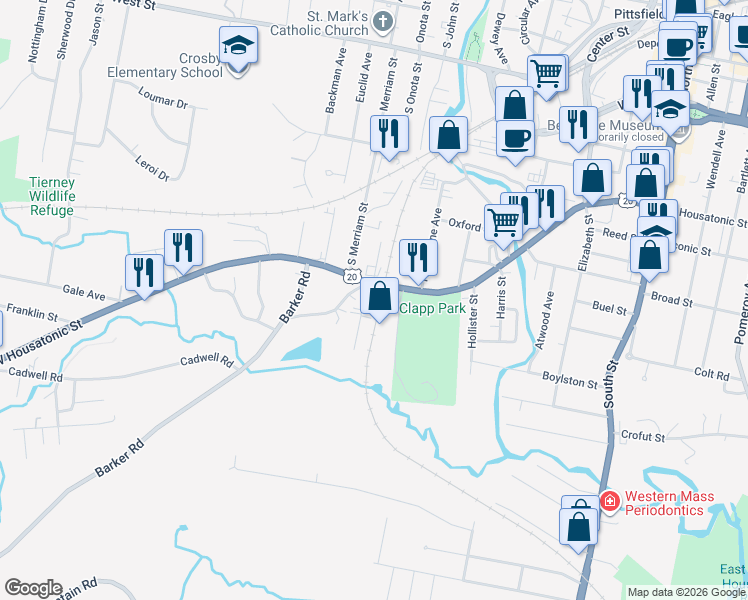map of restaurants, bars, coffee shops, grocery stores, and more near 14 Mckinley Terrace in Pittsfield