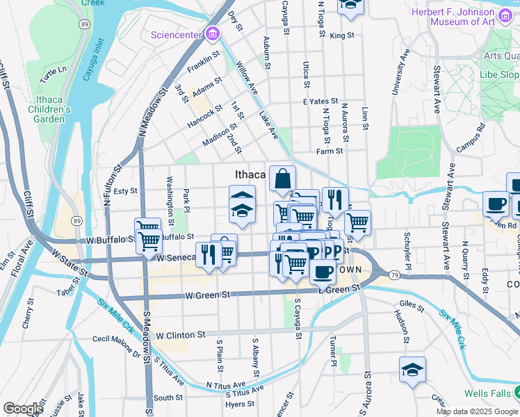 map of restaurants, bars, coffee shops, grocery stores, and more near 207 West Court Street in Ithaca