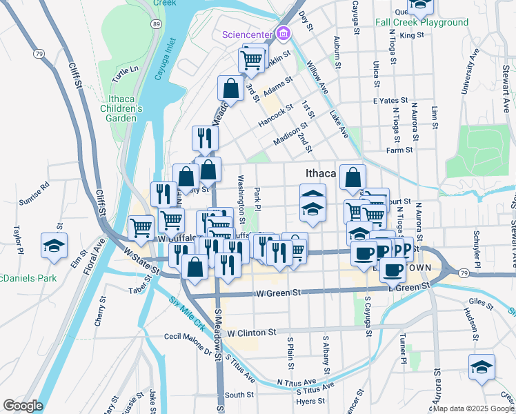 map of restaurants, bars, coffee shops, grocery stores, and more near West Court Street & Park Place in Ithaca