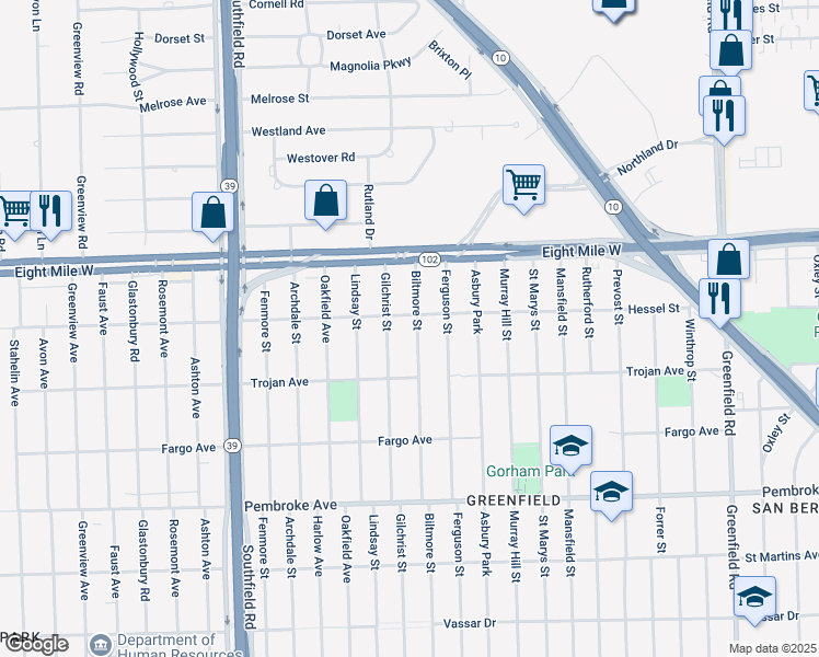 map of restaurants, bars, coffee shops, grocery stores, and more near 20309 Biltmore Street in Detroit