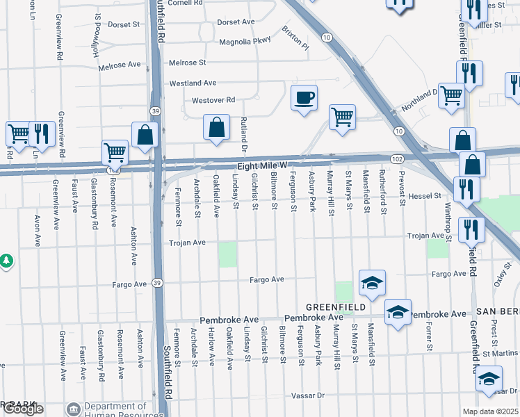 map of restaurants, bars, coffee shops, grocery stores, and more near 20309 Gilchrist Street in Detroit