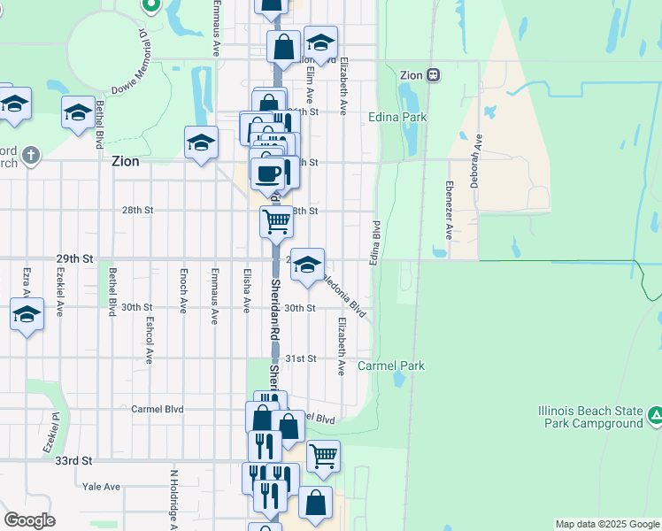 map of restaurants, bars, coffee shops, grocery stores, and more near 1022 29th Street in Zion
