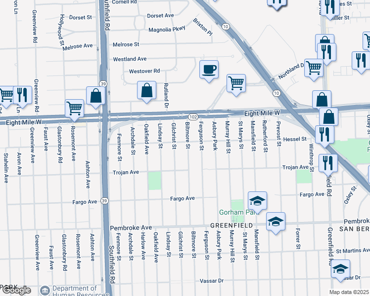 map of restaurants, bars, coffee shops, grocery stores, and more near 20309 Biltmore Street in Detroit