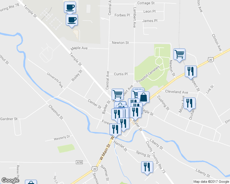 map of restaurants, bars, coffee shops, grocery stores, and more near 65 Day St in Fredonia