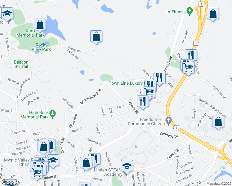 map of restaurants, bars, coffee shops, grocery stores, and more near 127 Elwell Street in Malden