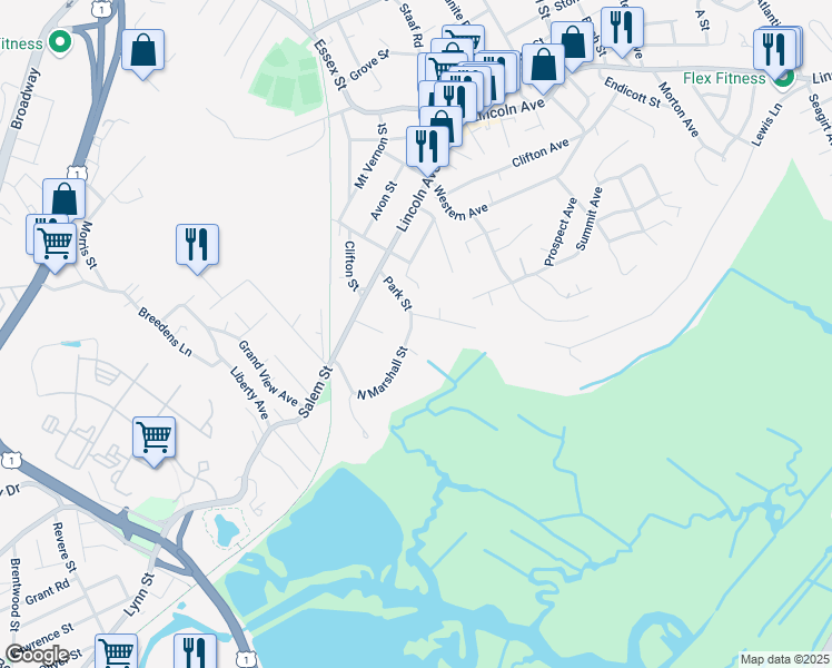 map of restaurants, bars, coffee shops, grocery stores, and more near 32 Park Street in Saugus