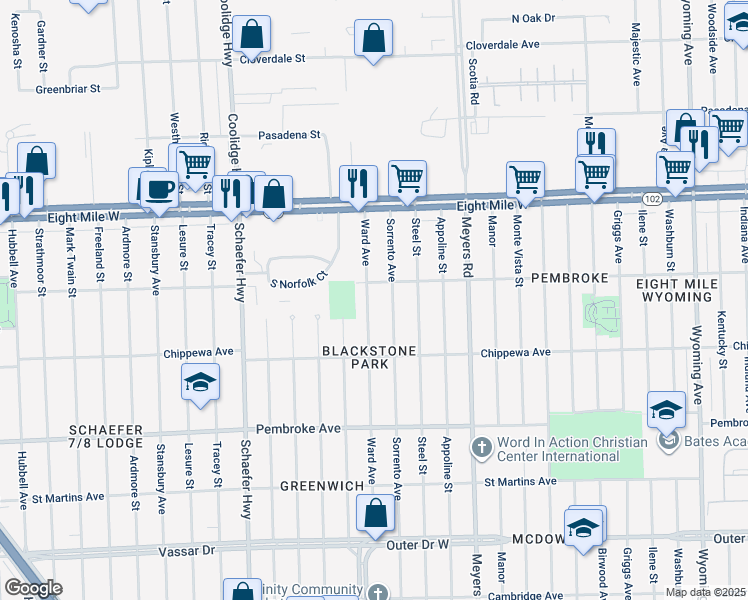 map of restaurants, bars, coffee shops, grocery stores, and more near 20224 Ward Avenue in Detroit