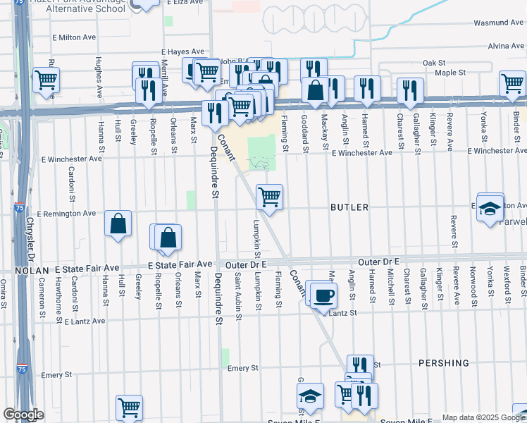 map of restaurants, bars, coffee shops, grocery stores, and more near 20046 Conant Street in Detroit