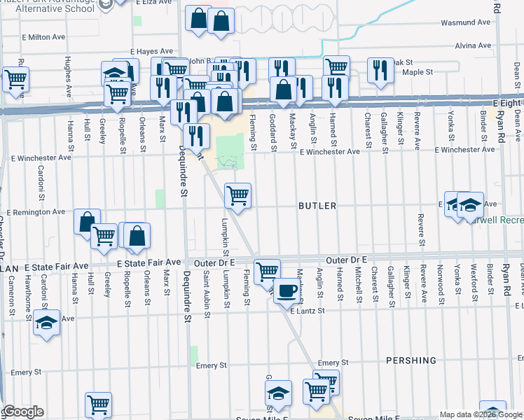 map of restaurants, bars, coffee shops, grocery stores, and more near 20048 Fleming Street in Detroit