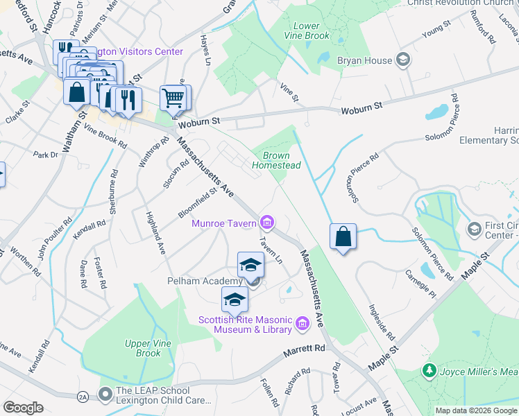 map of restaurants, bars, coffee shops, grocery stores, and more near 1361 Massachusetts Avenue in Lexington