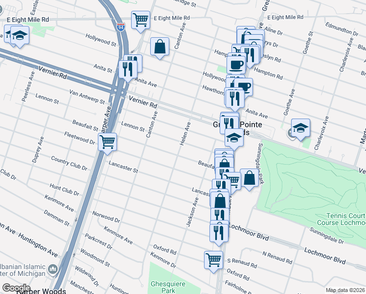 map of restaurants, bars, coffee shops, grocery stores, and more near 2049 Lennon Street in Grosse Pointe Woods