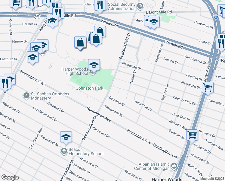 map of restaurants, bars, coffee shops, grocery stores, and more near 20038 Beaconsfield Street in Harper Woods