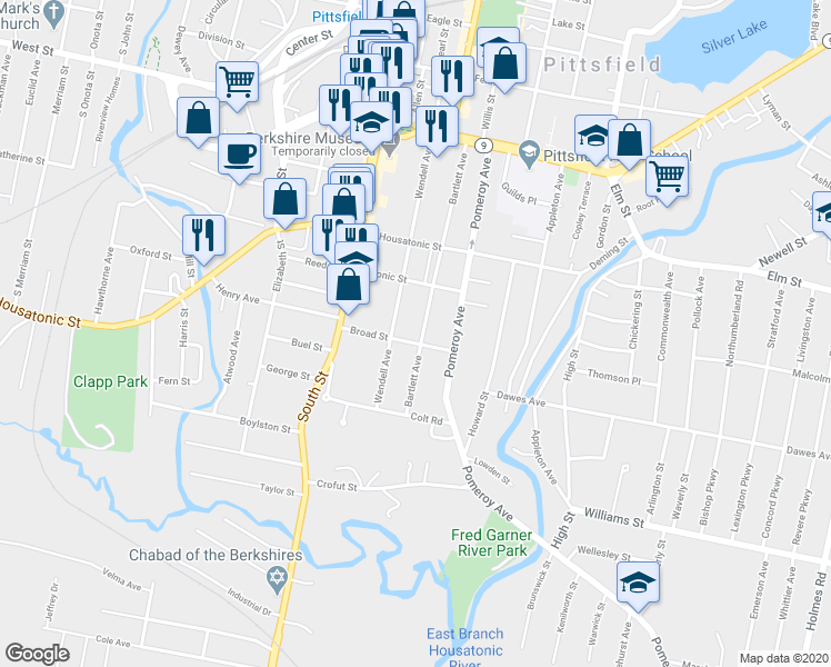 map of restaurants, bars, coffee shops, grocery stores, and more near 164 Bartlett Avenue in Pittsfield