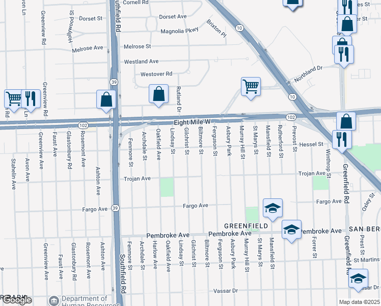 map of restaurants, bars, coffee shops, grocery stores, and more near 20309 Gilchrist Street in Detroit