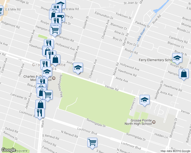 map of restaurants, bars, coffee shops, grocery stores, and more near 20729 Wicks Lane in Grosse Pointe Woods