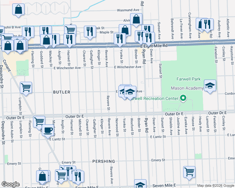 map of restaurants, bars, coffee shops, grocery stores, and more near 20044 Norwood Street in Detroit