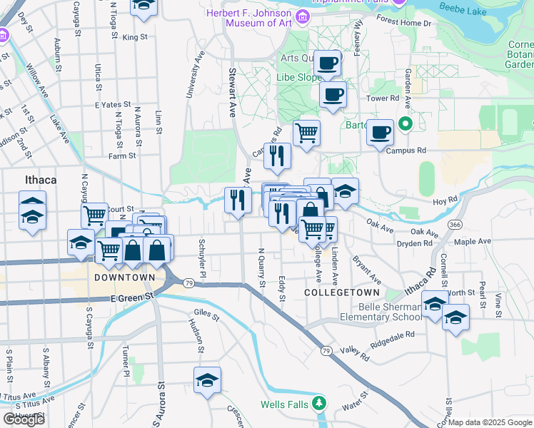 map of restaurants, bars, coffee shops, grocery stores, and more near 208 Williams Street in Ithaca