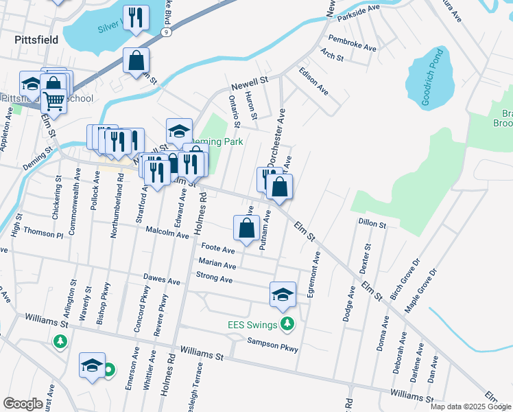 map of restaurants, bars, coffee shops, grocery stores, and more near 290 Elm St in Pittsfield