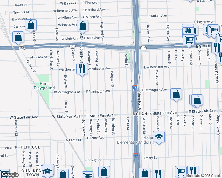 map of restaurants, bars, coffee shops, grocery stores, and more near 20109 Irvington Street in Highland Park