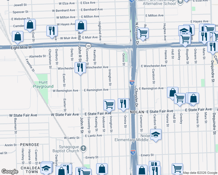 map of restaurants, bars, coffee shops, grocery stores, and more near 20109 Irvington Street in Highland Park