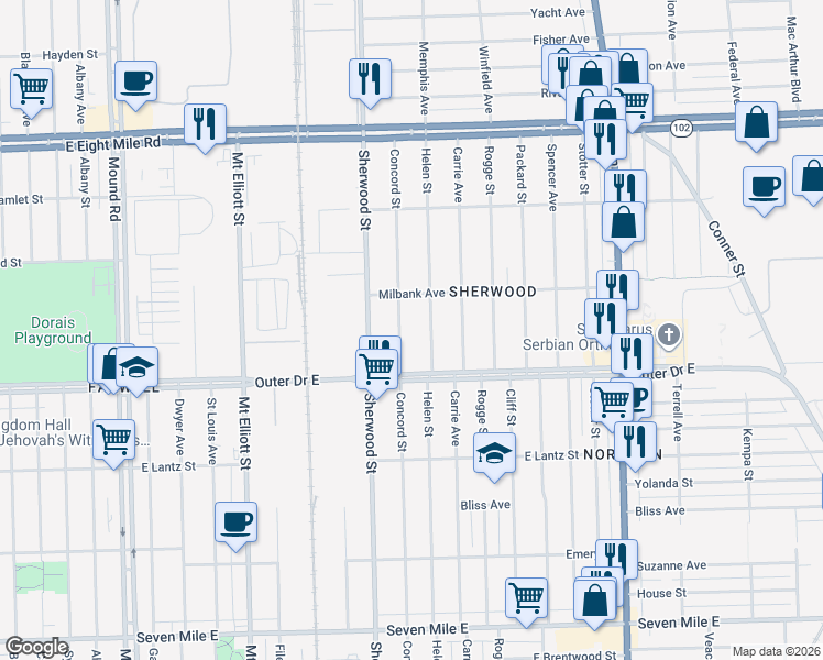 map of restaurants, bars, coffee shops, grocery stores, and more near 19994 Concord St in Detroit