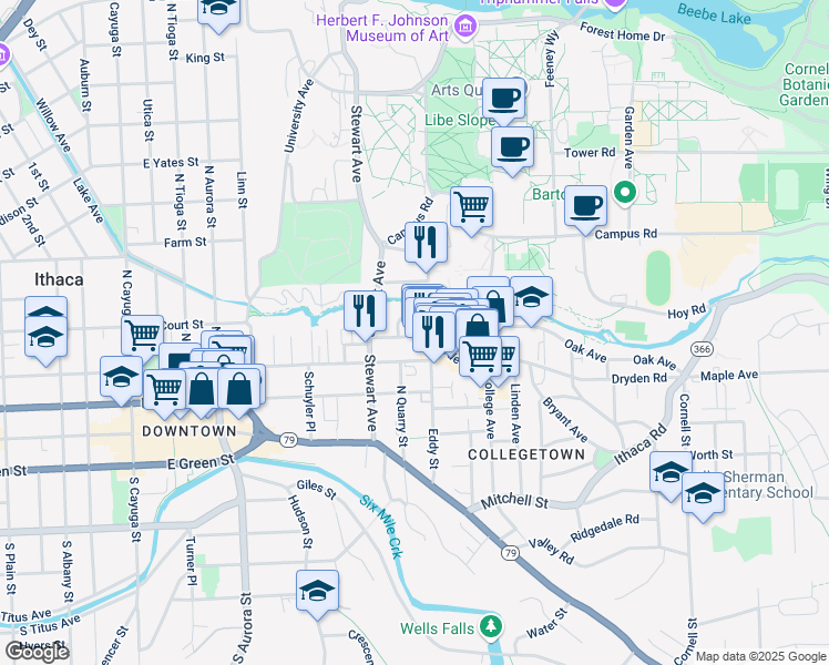 map of restaurants, bars, coffee shops, grocery stores, and more near 210 Williams Street in Ithaca