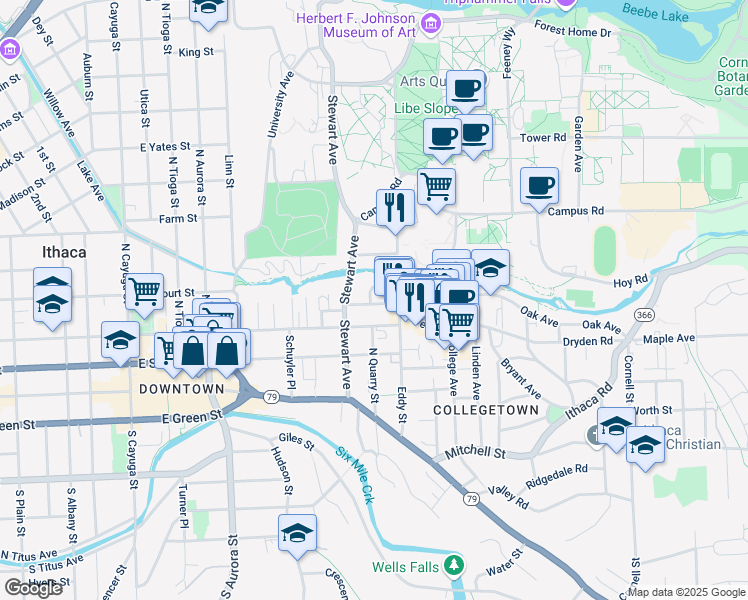 map of restaurants, bars, coffee shops, grocery stores, and more near 202 Williams Street in Ithaca