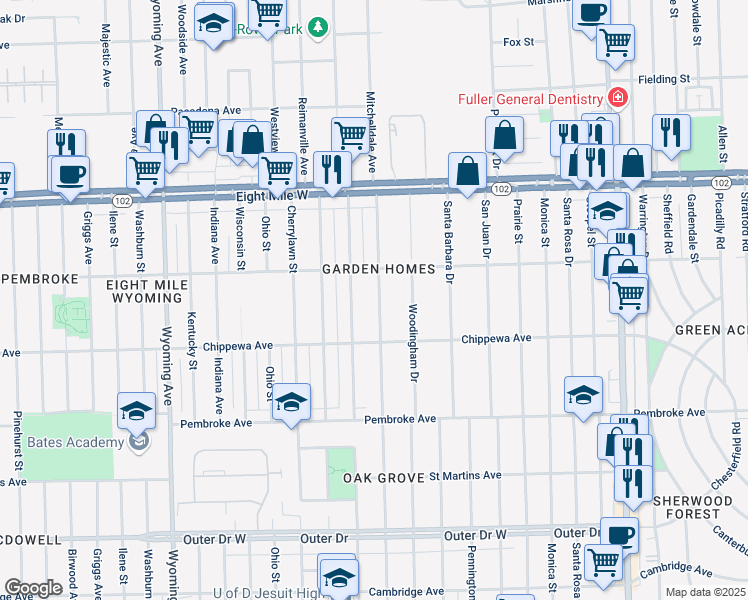 map of restaurants, bars, coffee shops, grocery stores, and more near 20191 Greenlawn Street in Detroit