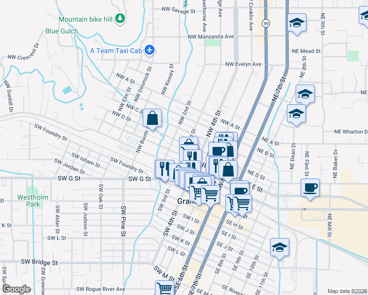 map of restaurants, bars, coffee shops, grocery stores, and more near 409 Northwest D Street in Grants Pass
