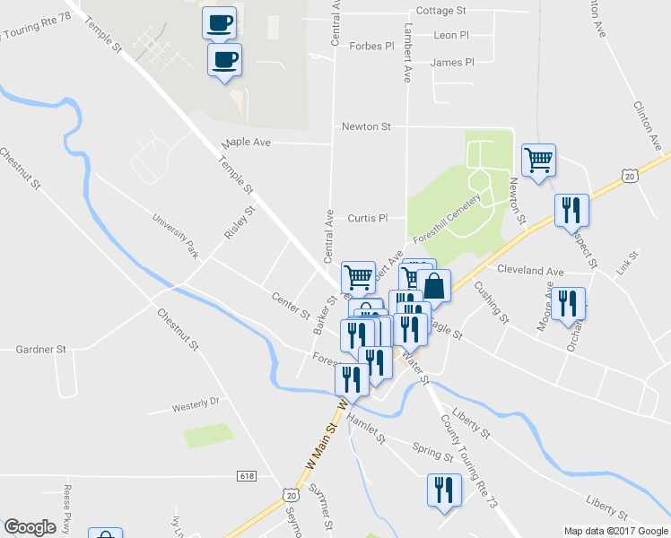 map of restaurants, bars, coffee shops, grocery stores, and more near 7 Central Avenue in Fredonia