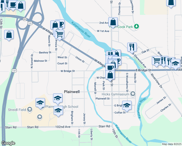 map of restaurants, bars, coffee shops, grocery stores, and more near 321 West Bridge Street in Plainwell