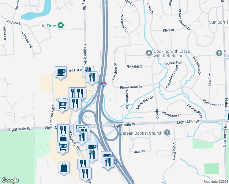 map of restaurants, bars, coffee shops, grocery stores, and more near 21053 Marshview Drive in Northville