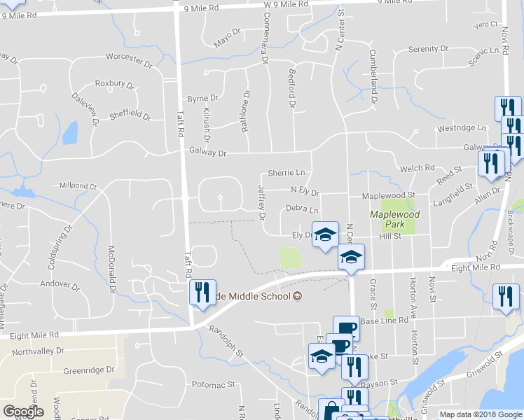 map of restaurants, bars, coffee shops, grocery stores, and more near 1001 Jeffrey Drive in Northville