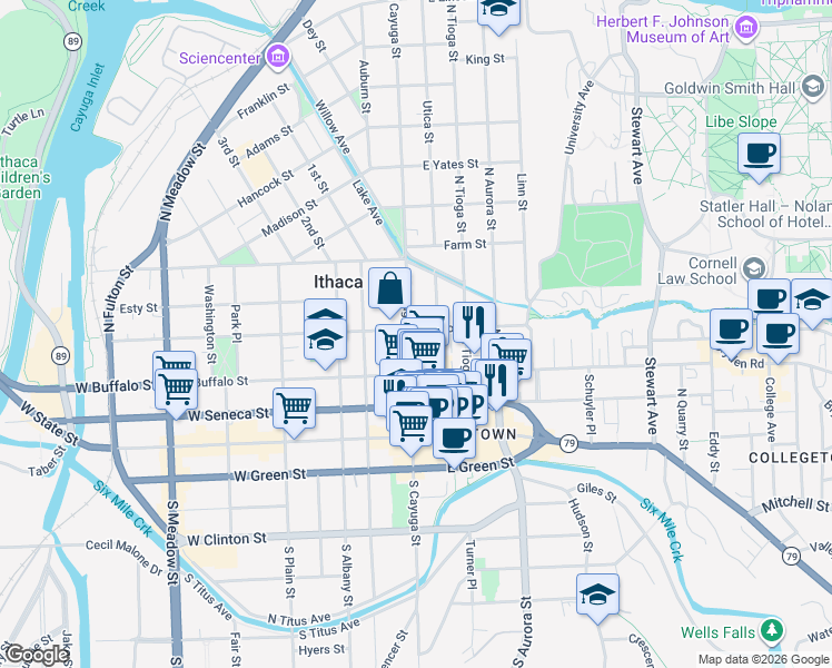 map of restaurants, bars, coffee shops, grocery stores, and more near 325 North Cayuga Street in Ithaca
